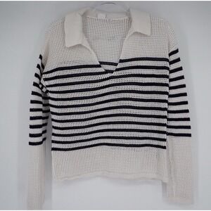 GAP‎ Womens Sweater Relaxed Stripe White and Blue Crochet Collared Nautical M